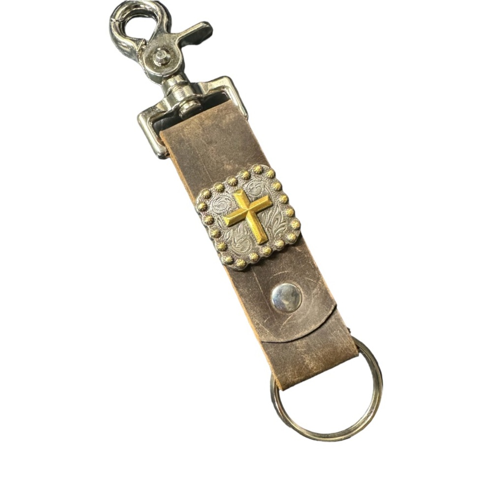 Trigger snap keychain rustic Brown Leather 1” wide cross square two toned